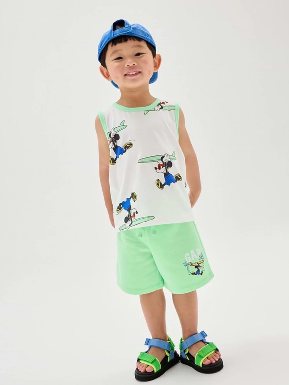 GAP White Tank Top & Light Green Shorts with Mickey Surf Print, Size 5